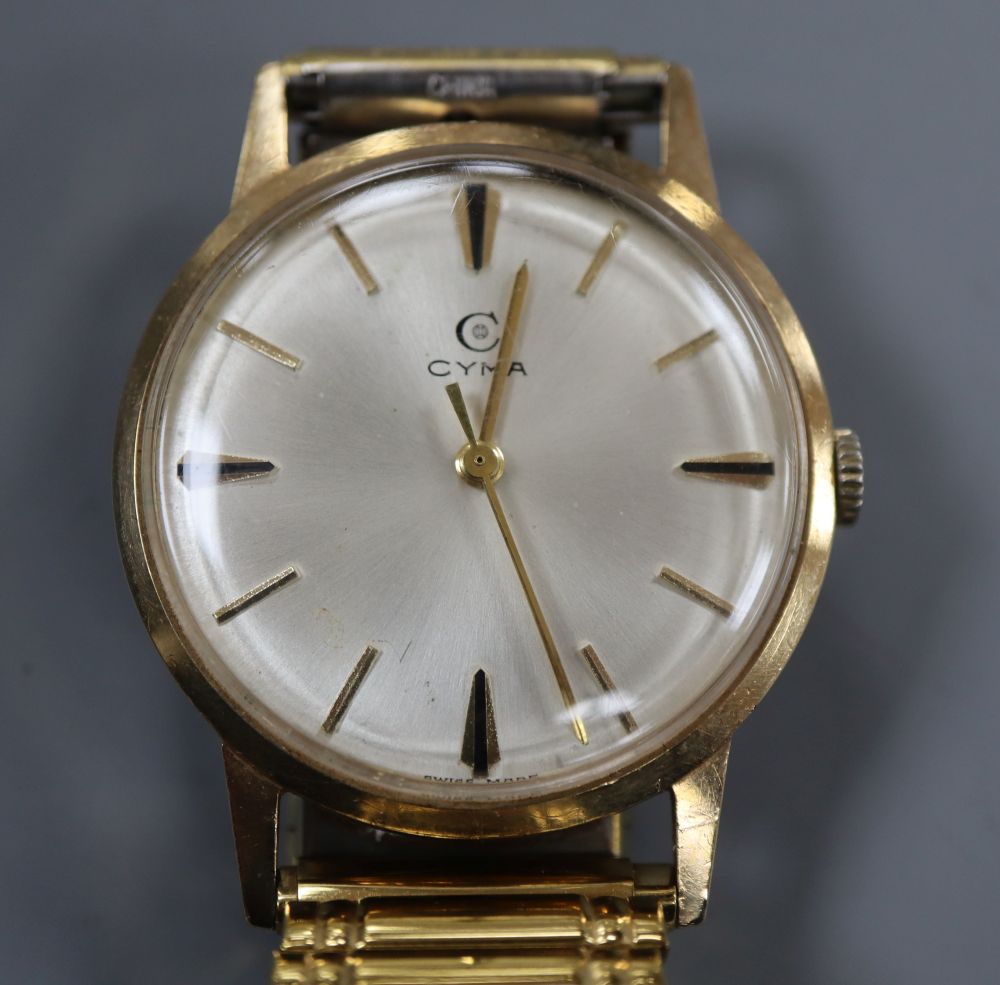 A gentlemans 1960s? 9ct gold Cyma manual wind wrist watch, on later associated bracelet.
